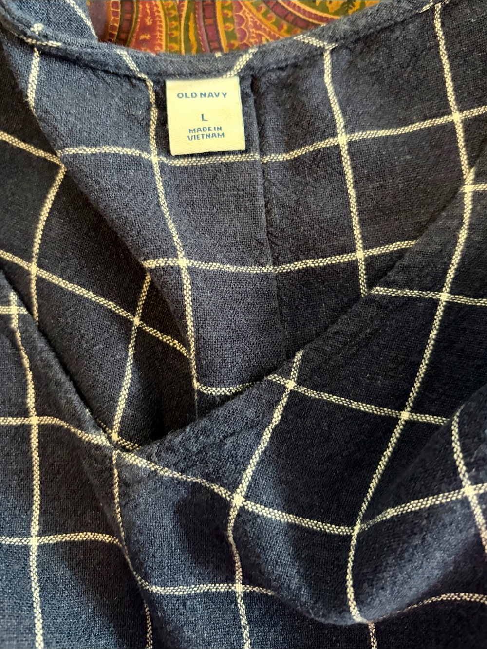 EUC Old Navy Navy Blue linen Grid-Print Shift Dress Sz large - Picture 4 of 5